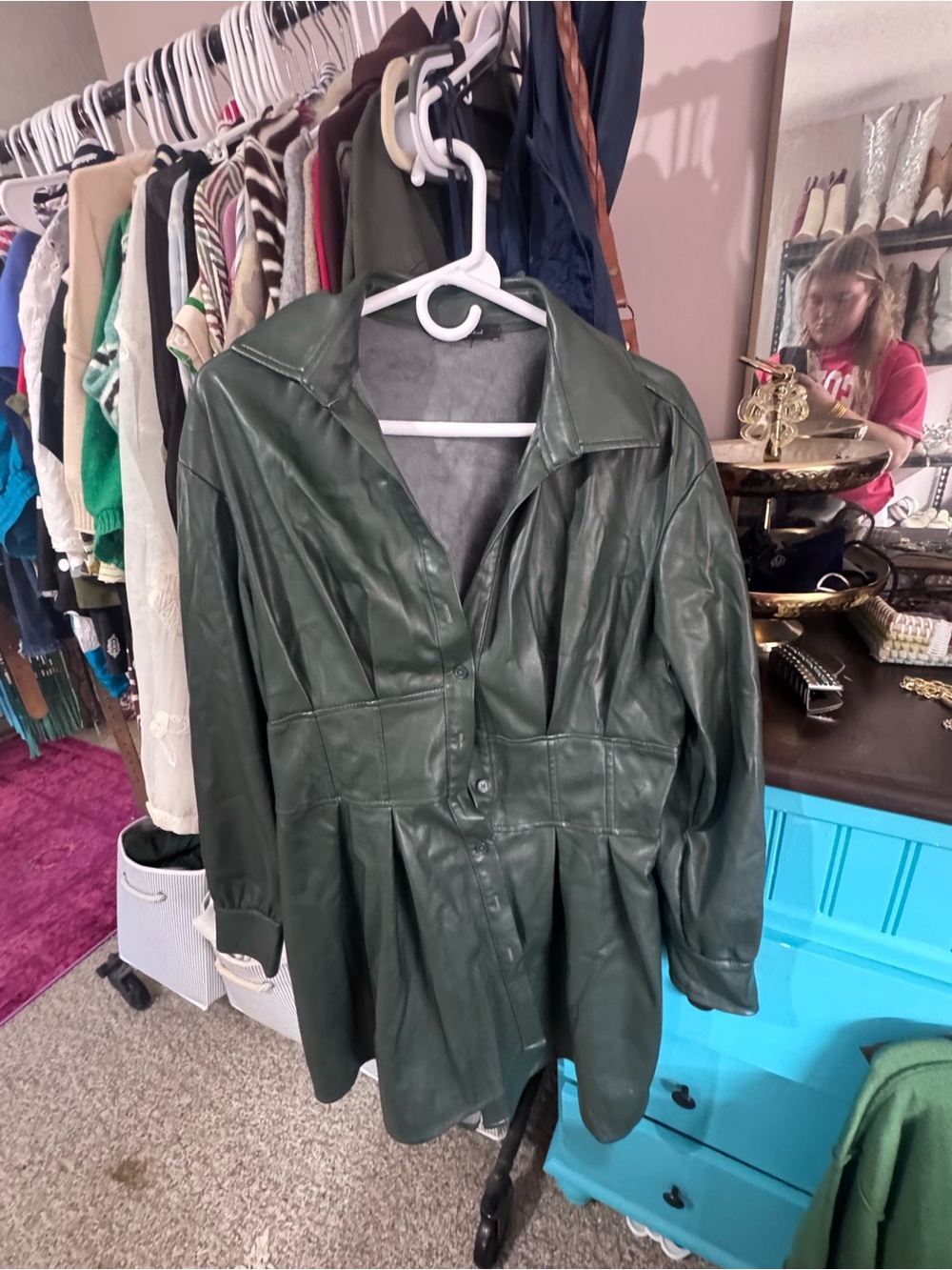 7 For All Mankind Dark Green Faux Leather Button-Front Jacket